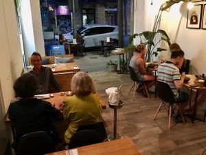 The restaurant has a front part near the street and a large interior.  We chose to sit near the street (it was quiet on a Sunday night) at Roots & Rolls in Barcelona