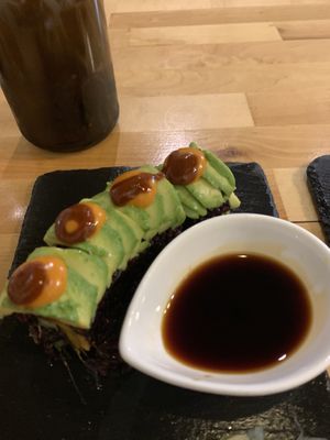 This is the prickly pear roll. Was so good I forgot to take a photo until halfway through.  at Roots & Rolls in Barcelona