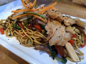 yakisoba with heura at Roots & Rolls in Barcelona