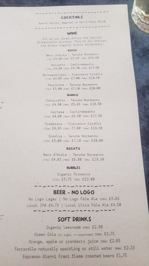 Drinks. Lemonade is not vegan. at Franco Manca in Bath