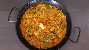 paella valenciana with beans, rice, heura (vegan protein) and vegetables at Restaurante Vegano Tierra Madre in Valencia