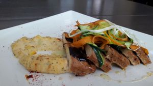 salmon (vegan protein) with sauteed vegetables and potato puree at Restaurante Vegano Tierra Madre in Valencia