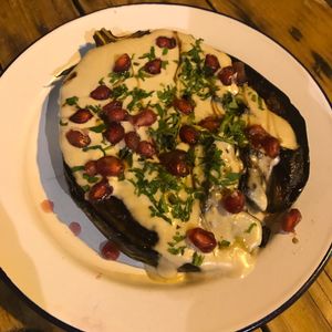 Eggplant- sub yogurt for tahini to make it vegan at Pergamon Restaurant in Jerusalem