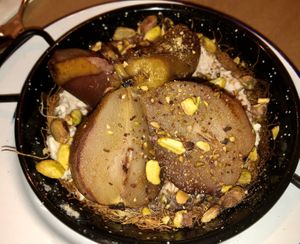 Pear in white wine at Pergamon Restaurant in Jerusalem