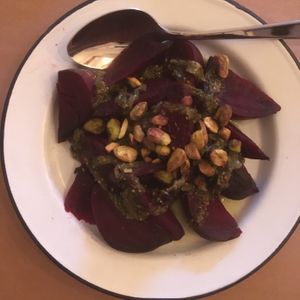 Beetroot and pistachios (vegan)  at Pergamon Restaurant in Jerusalem