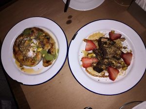 Sweets: pakhlava with coconut sorbet and chocolate truffles with strawberries  at Pergamon Restaurant in Jerusalem