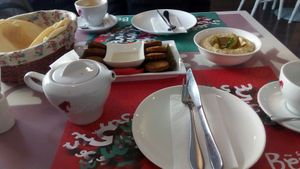 Hummus and falafel plater plus bread at Beirut Cafe in Tbilisi