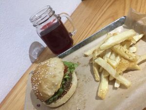 Burger and fries combo...! at Changarrito Vegano in Valle De Bravo