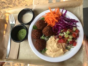 Falafel, hummus, salad & pitta - all homemade!  at Changarrito Vegano in Valle De Bravo