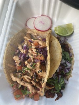 One is shrimp and one is the asada  at Vegan Veganos - Food Truck in San Jose