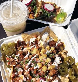 Al Pastor Super Nachos + Horchata at Vegan Veganos - Food Truck in San Jose