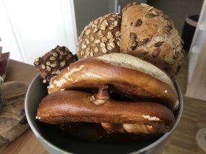 Brezel, muesli bun, six-seeds bun, pumpkin seed bin (0.85€-1.45€) at Bäckerei Riegler - Waldhofer Strasse in Heidelberg