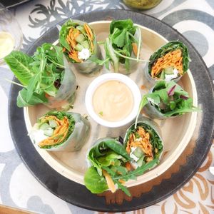 Fresh Raw Veggie Spring Rolls in rice wrap with peanut sauce at Seashells Healthy Living in Limassol