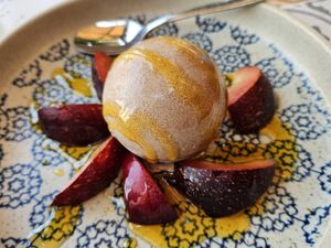 Chocolate tartufo, served frozen solid with strange plum slices at Seashells Healthy Living in Limassol