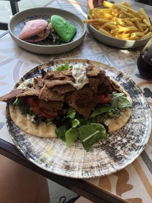 Gyros, bao buns, huge portion of chips and truffle Mayo    at Seashells Healthy Living in Limassol