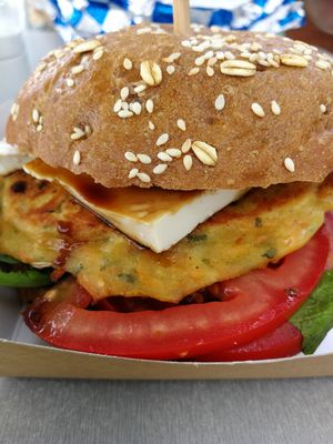 Carrot burger with tofu at Seashells Healthy Living in Limassol