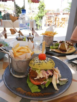 authentic falafel pitta, oyster mushroom burger at Seashells Healthy Living in Limassol