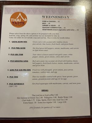 Lunch menu at Thai Taste in Matthews