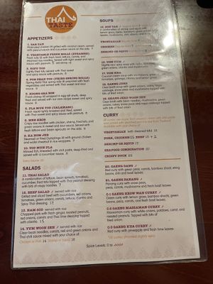 Dinner menu at Thai Taste in Matthews
