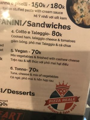 Menu at Vicolo1 in Ho Chi Minh City
