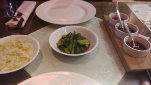 Complimentary starter: pickled  cucumbers, cabbage, sauces at Formosa Chinese Restaurant in Aqaba
