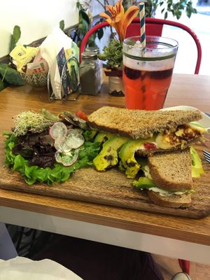 Avocado panini con sparkling raspberry limonada   at Bolivian Green Kitchen in La Paz