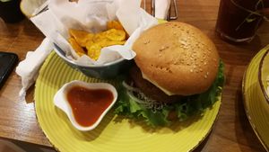 Tasty burger, banana fries at Bolivian Green Kitchen in La Paz