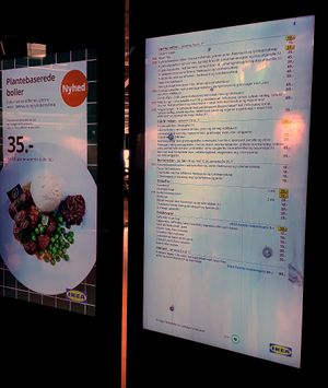 IKEA Aalborg, Denmark. Many vegan options, prominently advertised on posters and clearly marked on the menu. Several kinds of vegan balls, salads, a BM burger and two desserts at IKEA in Aalborg