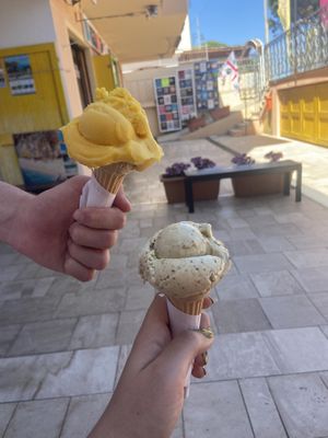 mango sorbet and pistachio ice cream   at Gelateria Fancello in Dorgali