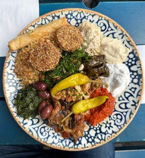 Tasty little vegetarian bites on one plate.   at Tabbouli Street in Stockholm