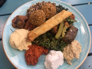 Mixed vegeterian plate at Tabbouli Street in Stockholm