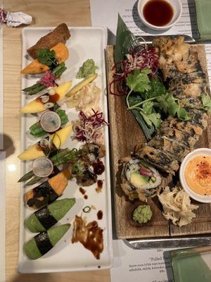 Sushi platter and crispy veg roll dish   at Tokyo Diner in Stockholm