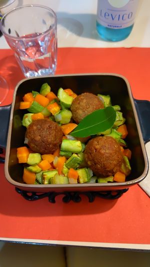 Polpette Vegan NoMeatballs with vegetables at Antica Casa Rava in Alessandria