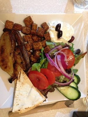 the Kosmos plate (greek, vegan) with souvlaki-style tempeh, tzatziki, salad, potato wedges & pita at Aux Vivres - St Laurent in Montreal