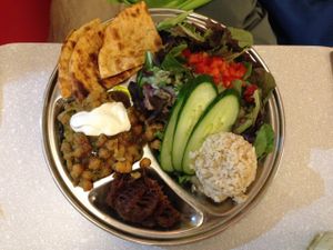 MUMBAI THALI
chickpea and potato curry, paratha, rice, salad & chutneys 13.95 at Aux Vivres - St Laurent in Montreal