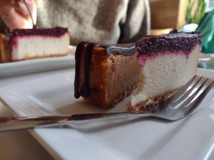 Peanut butter cheesecake and berry cheesecake at Aux Vivres - St Laurent in Montreal
