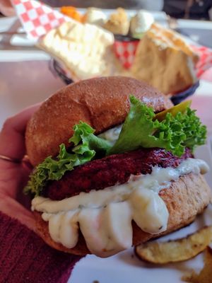 Latke burger at Aux Vivres - St Laurent in Montreal