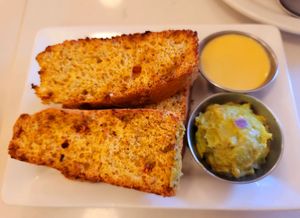 Cornbread with guacamole and veggie butter at Aux Vivres - St Laurent in Montreal