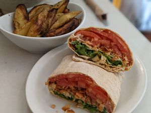 BLT Wrap and wedges at Aux Vivres - St Laurent in Montreal