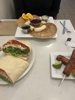 B.L.T. Tempeh Satay and pancakes.   at Aux Vivres - St Laurent in Montreal