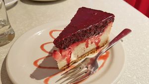 Red fruit cheesecake at Aux Vivres - St Laurent in Montreal
