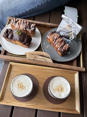 Doco sunrise drinks (peanutty), cinnamon buns, choc buns, scones  at Doco - City Farm House Cafe in Busan