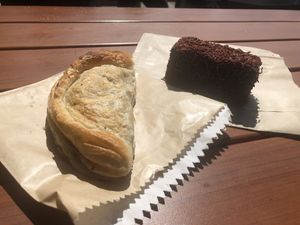 Regular vegan pastie and vegan lamington at Apollo Bay Bakery in Apollo Bay