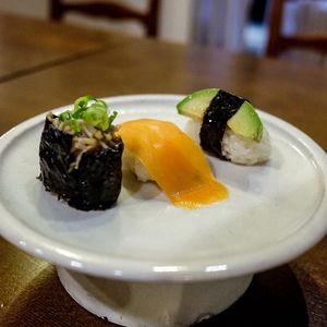 Sushi: mushroom, carrot and avocado at Itadakizen Colline de Tara in Nagoya
