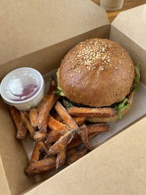 Burger and fries at I Am Vegan Babe in Canggu