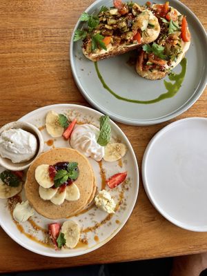 DELICIOUS vanilla pancakes with a hummus toasts ( the bread is amazing ! )   at I Am Vegan Babe in Canggu