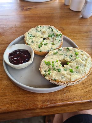 Bagel with cream cheese (please ignore the strawberry jam)   at I Am Vegan Babe in Canggu