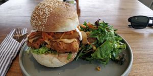 Tempeh & bakon  burger, with salad at I Am Vegan Babe in Canggu