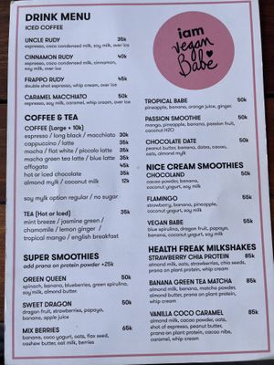 Drink menu  at I Am Vegan Babe in Canggu