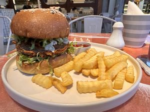 Fush burger, tasted more mock beef than fish  at I Am Vegan Babe in Canggu